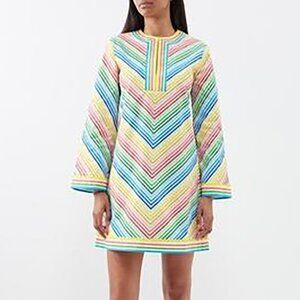 Mary Katrantzou Rainbow Stripe Caftan Tunic Top Stamp Scalloped Edge US 2